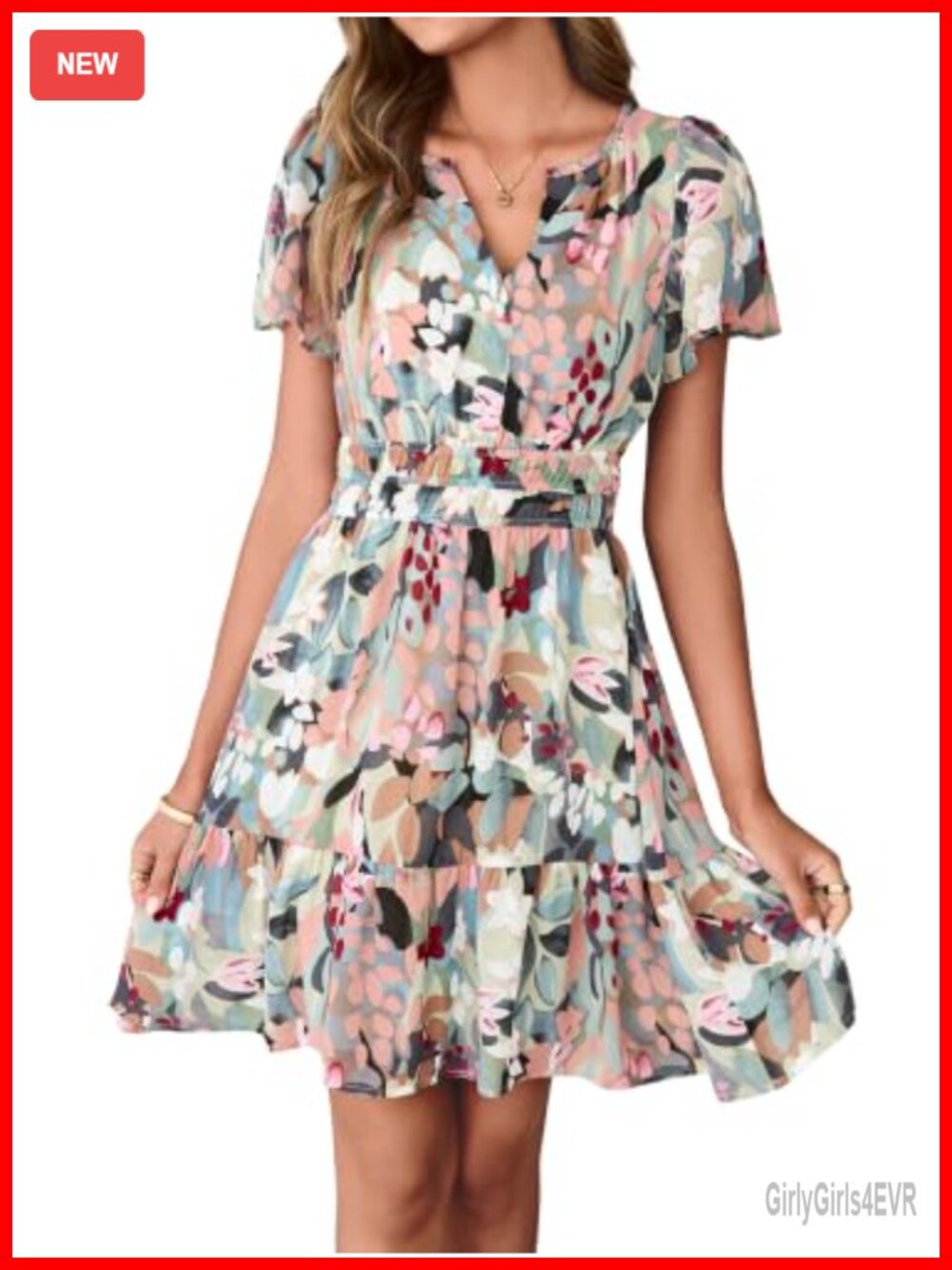 Women Floral Mini Dress Short Sleeve V Neck Chiffon A-Line Flowy Boho Summer